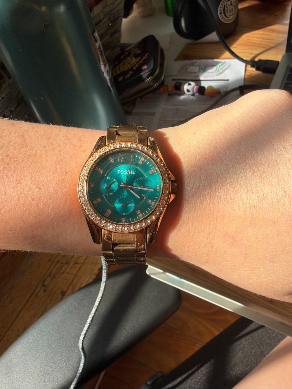 Fossil Rose Gold Watch with Teal Face and Crystal Bezel